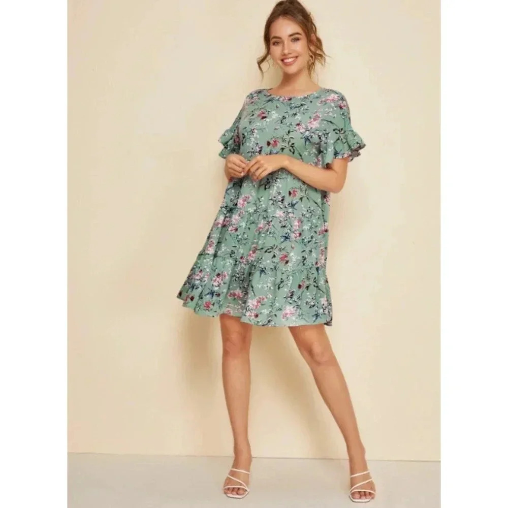 SHEIN Keyhole Back‎ Flounce Sleeve Floral Smock Dress